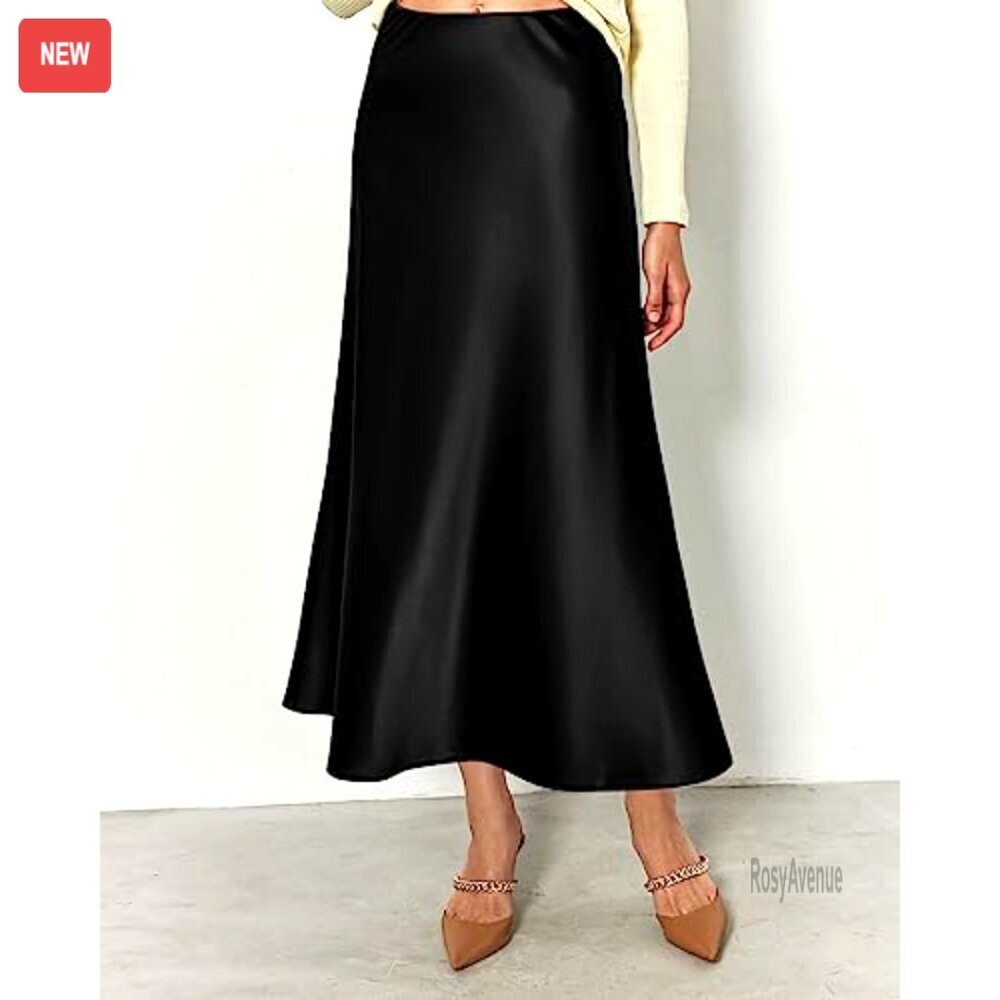 Satin Midi Skirt High Waist Elastic A-Line Cocktail Wedding Party - Picture 5 of 7